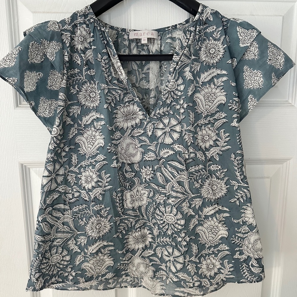 Marea By Liz Joy hand block ruffle blouse Cala Azul